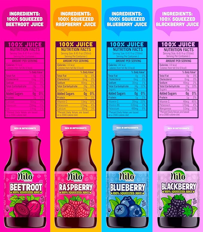 NILO Variety Pack | 100% Squeezed Juice Blackberry Blueberry Raspberry Beetroot | NO Sugar added | NON GMO | NOT From Concentrate | 8.45 oz (Pack of 12)