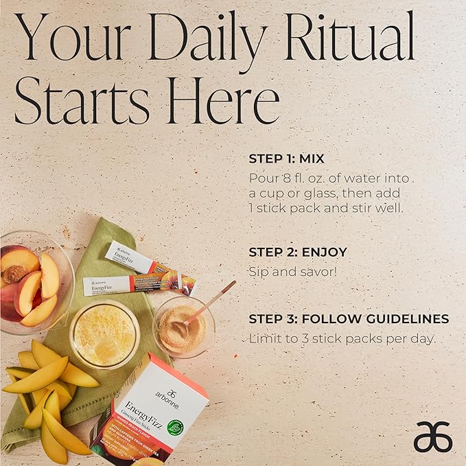 Arbonne Ginseng Energy Supplements - Peach Mango Flavor Fizz Sticks Energy Boost with Caffeine Powder from Guarana and Green Tea Delicious Alternative to Caffeine Pills