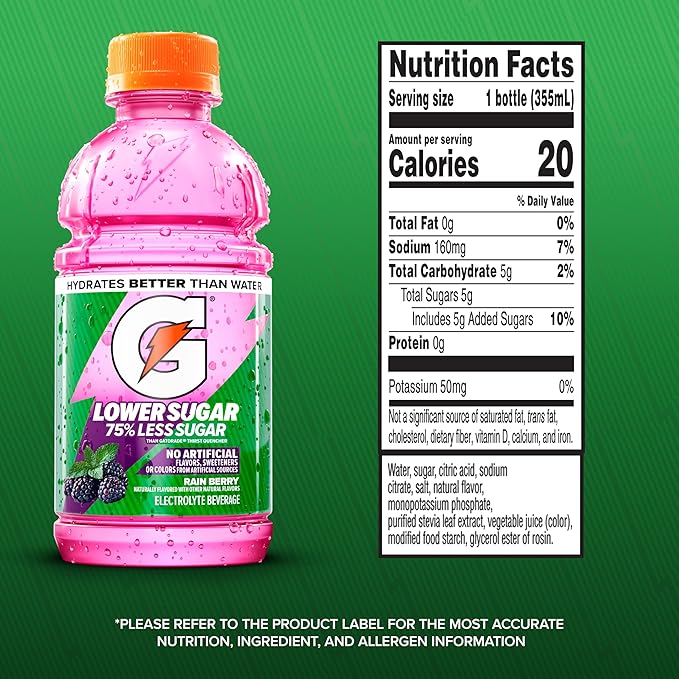 Gatorade Lower Sugar Electrolyte Sports Drink Rain Berry 12 fl oz Bottles (6 Pack) 75% Less Sugar No Artificial Flavors No Artificial Sweeteners No Artificial Colors Hydration