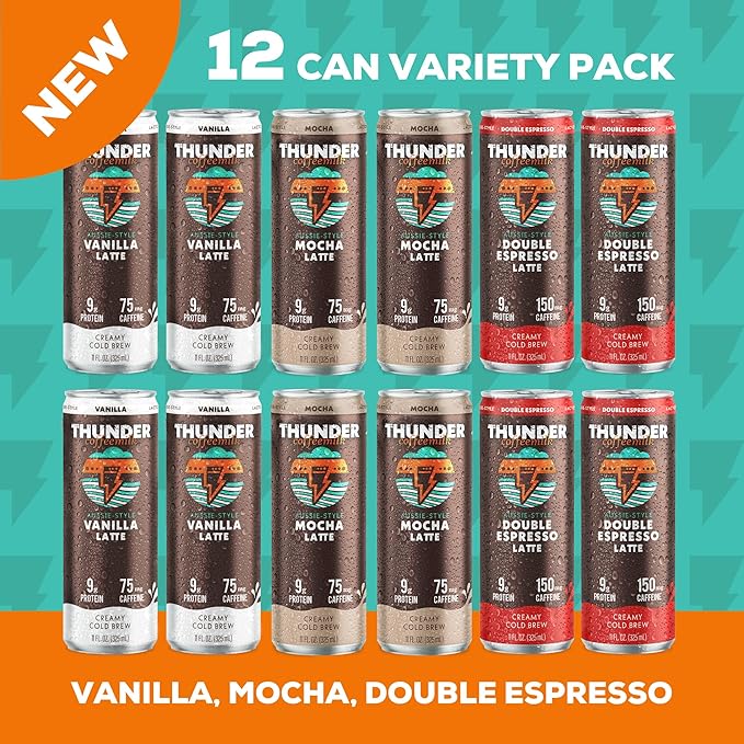 Thunder CoffeeMilk - 11 oz Aussie Style Cold-Brewed Latte Canned Coffee Iced Coffee Cans for Grab &amp Go Natural Protein-Rich 75-150mg Caffeine Energy Drink in Handy Cold Brew Cans 12 Variety Pac