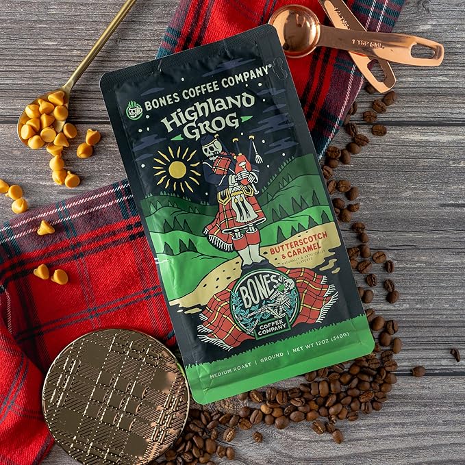 Bones Coffee Company Salted Caramel and Highland Grog Flavored Coffee Medium Roast Low Acid Arabica Beans | Auto drip and French Press Coffee Maker 12 Oz Ground
