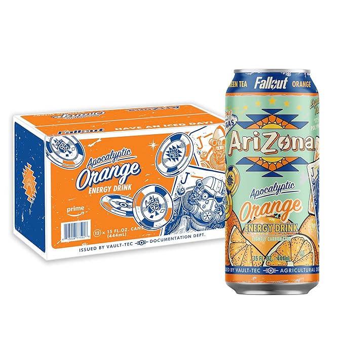 AriZona x Fallout Orange Green Tea Energy Drink 15 fl oz (Pack of 12) - 190mg Caffeine per Can