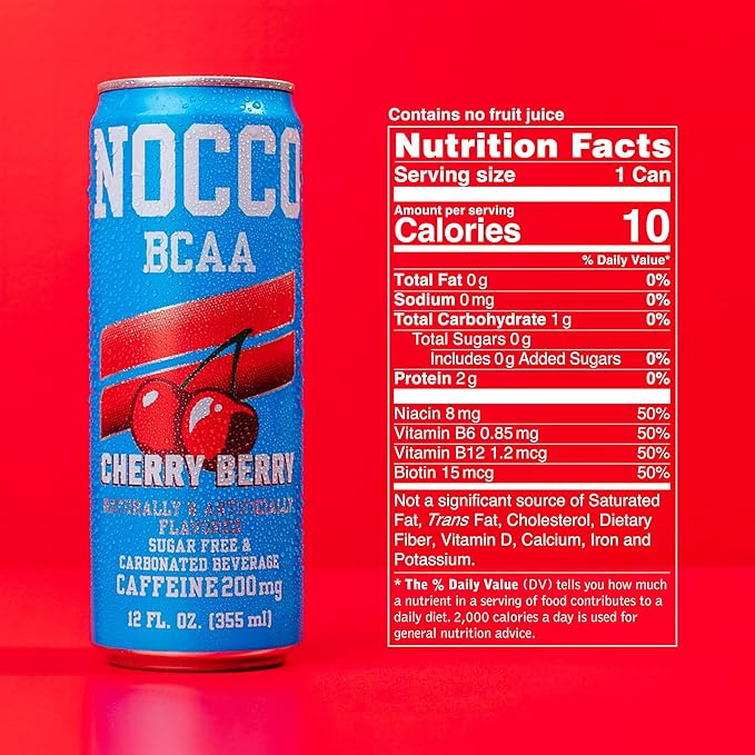 NOCCO BCAA Energy Drink Cherry Berry - 12 Fl Oz (Pack of 12) - 200mg of Caffeine Sugar Free Energy Drinks - Carbonated &amp Low Calorie BCAAs Vitamin B6 B12 &amp Biotin - Grab &amp Go Performa