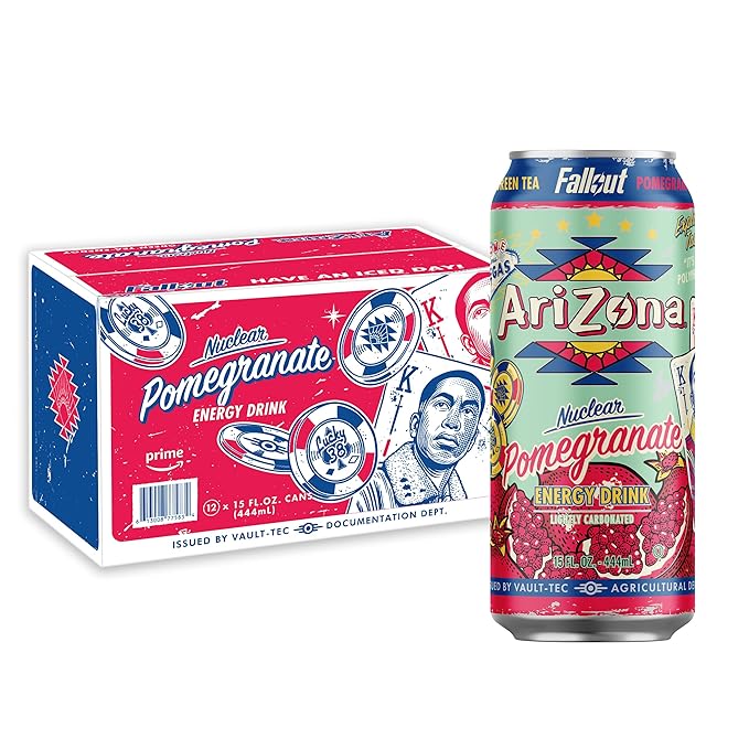 AriZona x Fallout Pomegranate Green Tea Energy Drink 15 fl oz (Pack of 12) - 190mg Caffeine per Can
