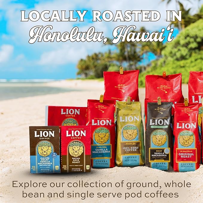 Lion Coffee 24K Gold Roast 100% Kona Whole Bean Coffee Medium-Light Roast A Taste of Aloha - 7 Ounce Bag