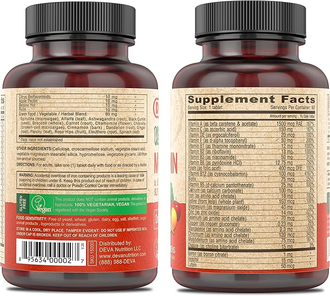 DEVA Vegan Multivitamin &amp Mineral Supplement with Iron 2-Pack Spirulina Chlorella Ashwagandha Broccoli &amp More 90 Coated Tablets Each