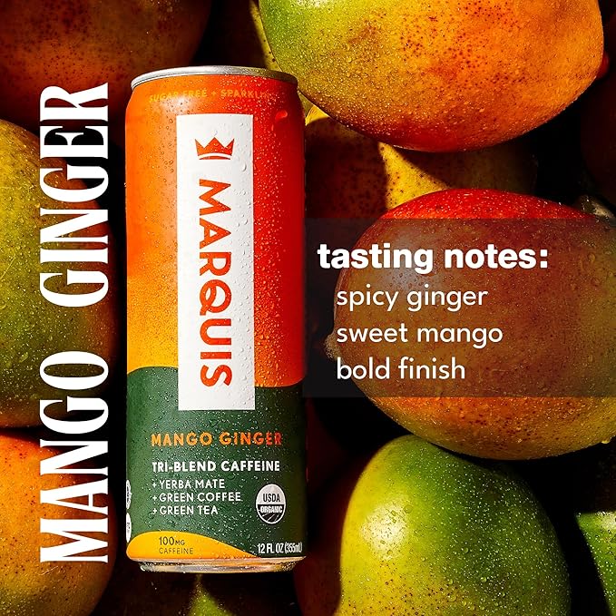 Marquis Natural Energy Drinks Sugar Free Zero Calories 100mg Organic Plant Based Caffeine Yerba Mate Green Tea &amp Green Coffee - Vitamin C &amp Bs - Mango Ginger Healthy Energy Drink - 12oz Cans