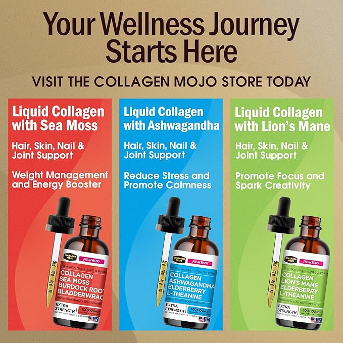 Collagen Mojo Liquid Collagen Peptides with Sea Moss Burdock Root &amp Bladderwrack + Ashwagandha Elderberry &amp L-Theanine + Lions Mane Mushroom Elderberry &amp L-Theanine