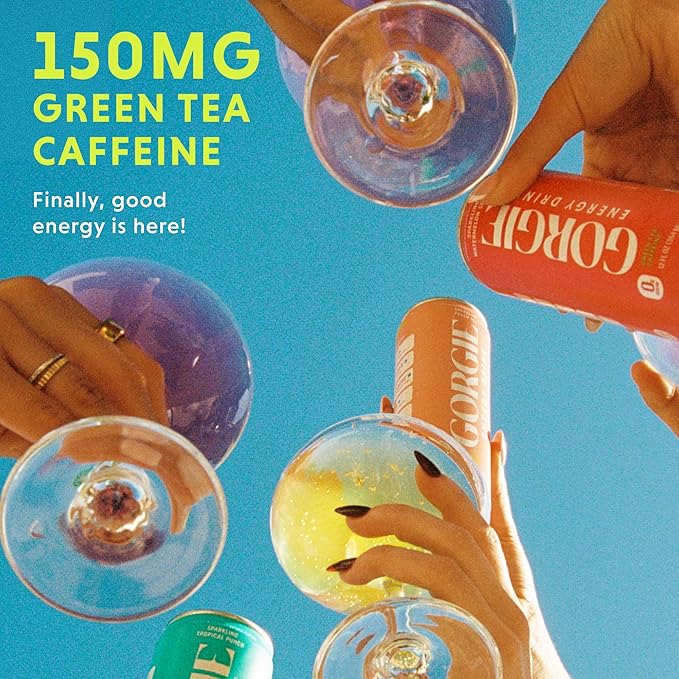 GORGIE Sugar Free Natural Energy Drinks Peach (12 Pack) - Healthy Energy Drinks - Natural Coffee Replacement with Green Tea Caffeine and Biotin - 150mg Caffeine Vegan &amp Low Calorie