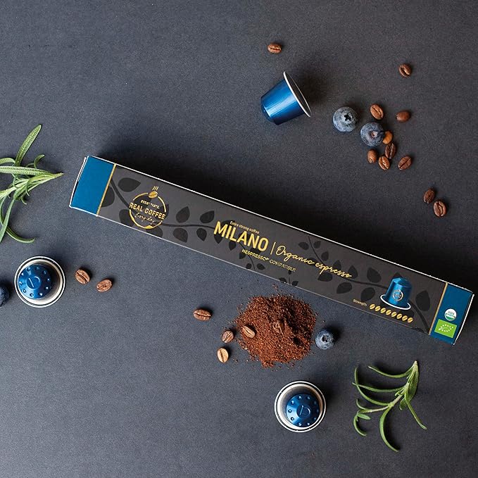 ‘Milano’ Organic Italian Espresso for Nespresso | 100 Organic Aluminum Capsules | The Strongest Organic Espresso in the World! | 100% Nespresso Compatible Pods | Fairtrade