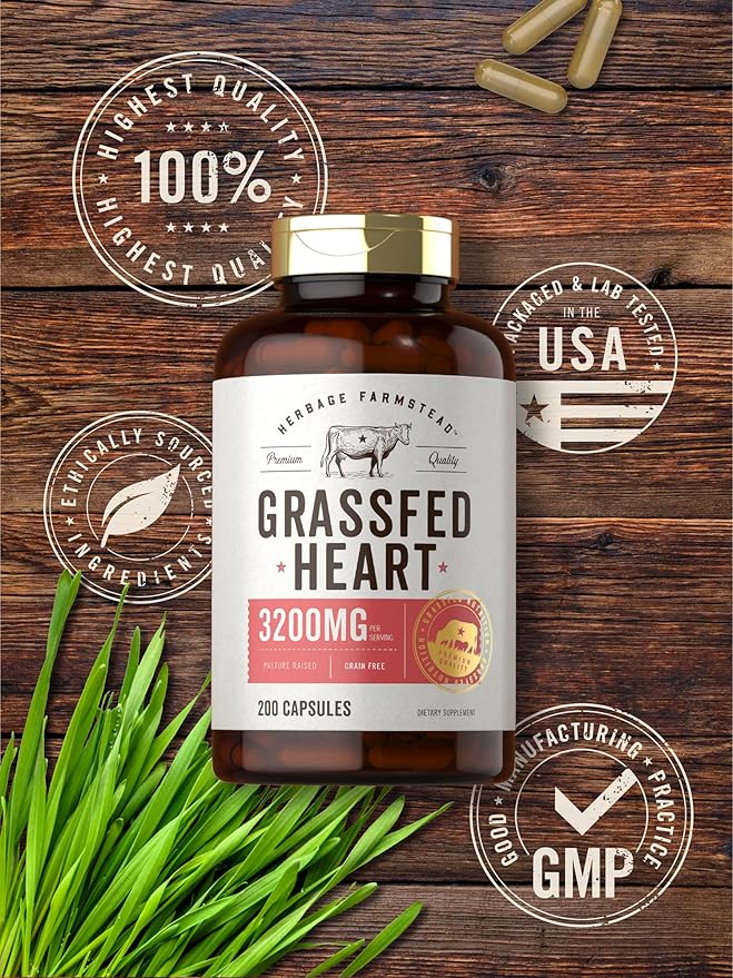 Carlyle Grass Fed Beef Heart Supplement | 3200mg | 200 Count | Desiccated Pasture Raised Bovine Capsules | Non-GMO Gluten Free | by Herbage Farmstead