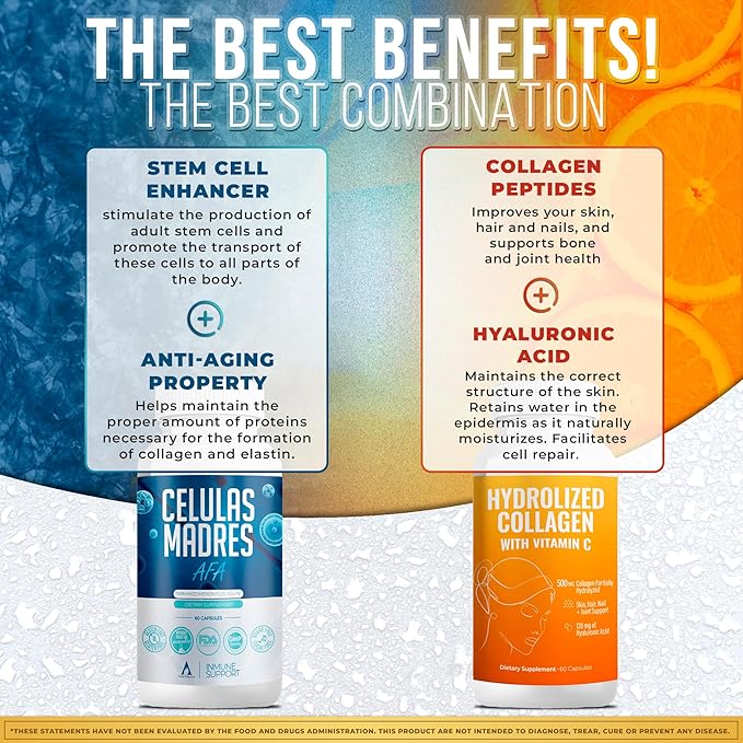 Aura Vitamin Mega Antioxidant Bundle | Hydrolyzed Collagen &amp AFA Stem Cell | Hydrolyzed Collagen with Vitamin C Aphanizomenon Flos-Aquae | Celula Madre Skin Hair and Nail Support – 60 Each Caps
