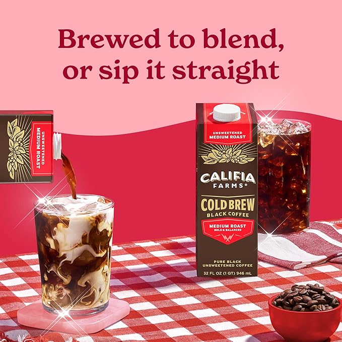 Califia Farms - Pure Black Medium Roast Cold Brew Coffee 32 Oz (Pack of 6) 100% Arabica Shelf Stable Plant Based Vegan Gluten Free Non GMO Sugar Free Iced Coffee