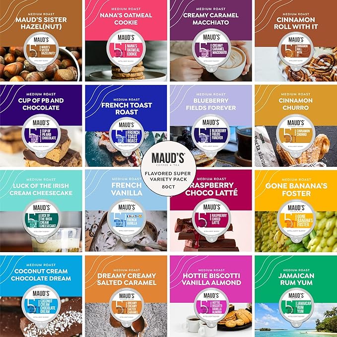 Maud's Super Flavored Coffee Pods Variety Pack 80 ct 16 Assorted Flavors Medium Roast Flavored Coffee in Single Serve Pods – 100% Arabica Beans Compatible with Keurig K Cups Maker