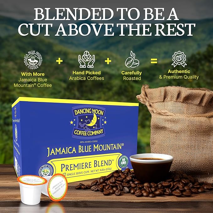 Dancing Moon Coffee Pods - Premiere Blend Jamaica Blue Mountain Coffee Beans Medium Roast Compatible with Keurig KCup Brewers Small-Batch Crafted