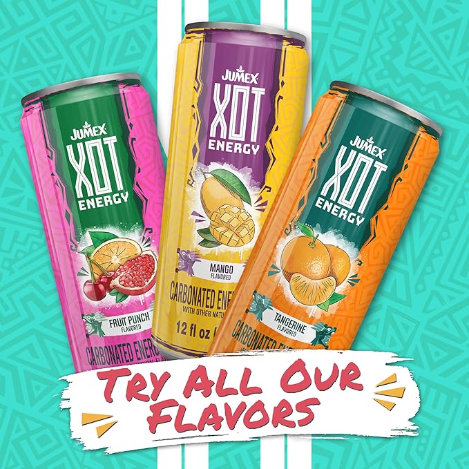 Jumex XOT Energy Drink - Mango - Natural Caffeine from Mexican Coffee Beans - Carbonated Preworkout with Vitamin B2 B3 B5 B12 - Mexican Drinks - Bebidas Energéticas - 12 Fl oz 12 Pack Cans
