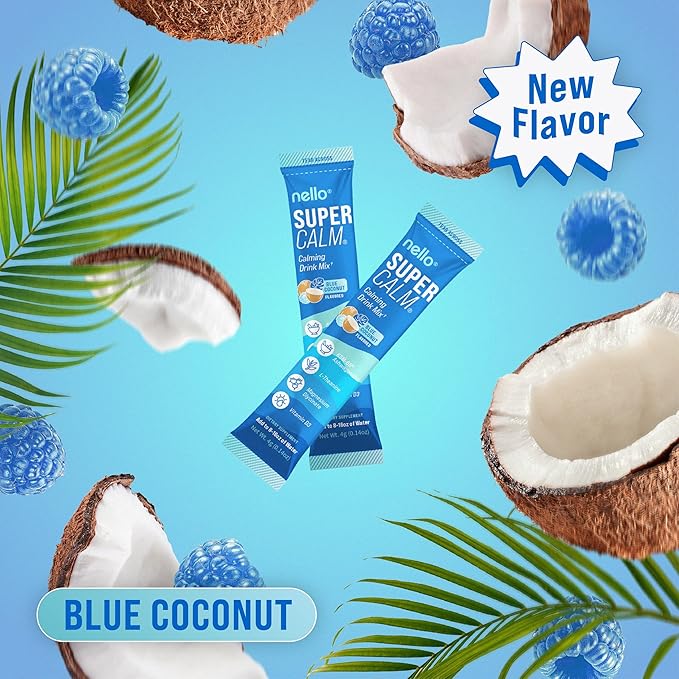 Nello Supercalm Drink Mix - Blue Coconut and Raspberry Lemonade KSM 66 Magnesium Glycinate &amp L-Theanine Supplement - Focus and Relaxation Support (2 x 20 Travel Packets)