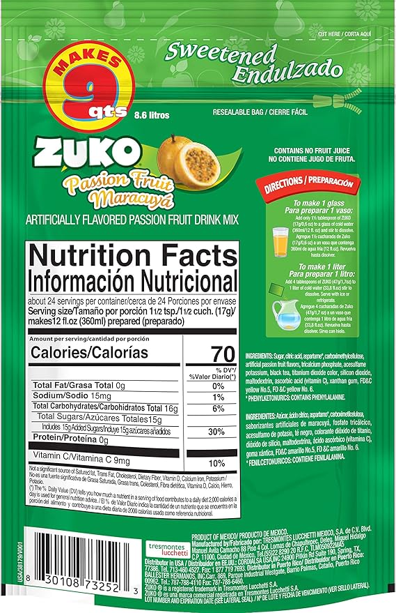 Zuko Passion Fruit Instant Powder Drink Family Pack 14.1 oz Pack of 6