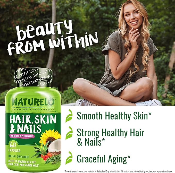 NATURELO Hair Skin and Nails Multivitamin 60 Count Collagen Peptide Powder 45 Servings