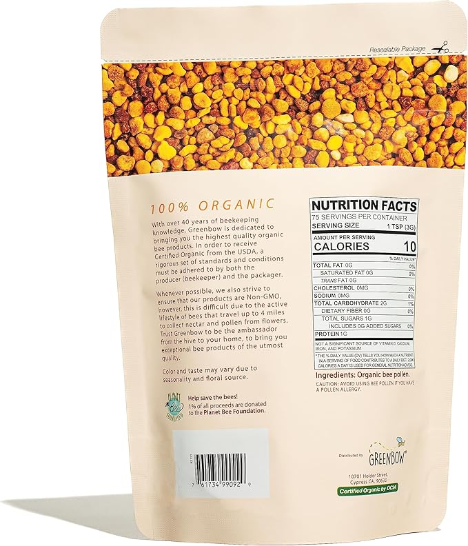 Greenbow Organic Bee Pollen - 100% USDA Certified Organic Non-GMO Halal Kosher Certified Pure &amp Natural Bee Pollen - Superfood Packed with Proteins Vitamins &amp Minerals - Gluten Free - 8oz