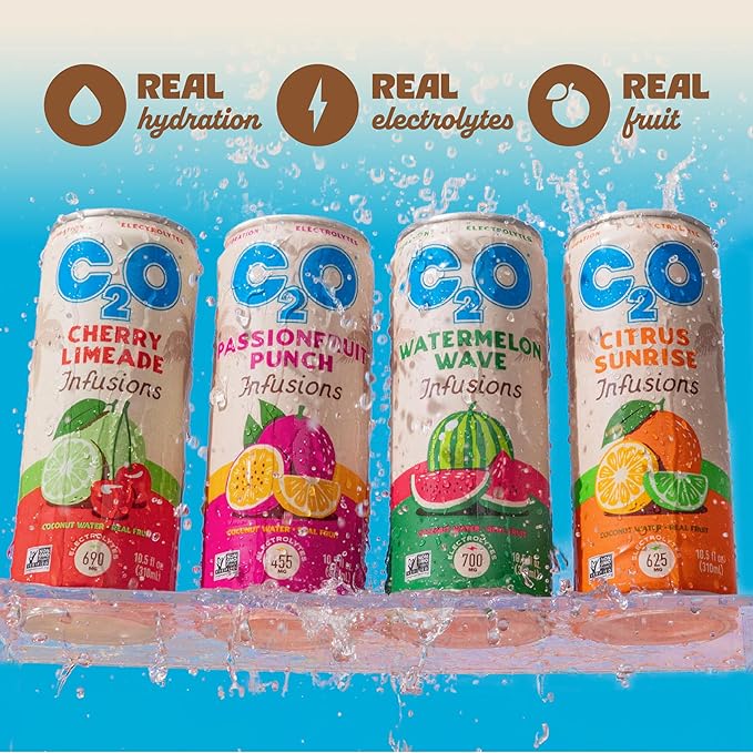 C2O - Coconut Water Infusions - Citrus Sunrise (12 Pack) - 700mg of Electrolytes - Made with Fresh Coconut Water + Real Fruit Juice - Plant Based Natural Hydration Non GMO - 12 Slim Cans 10.5 fl oz