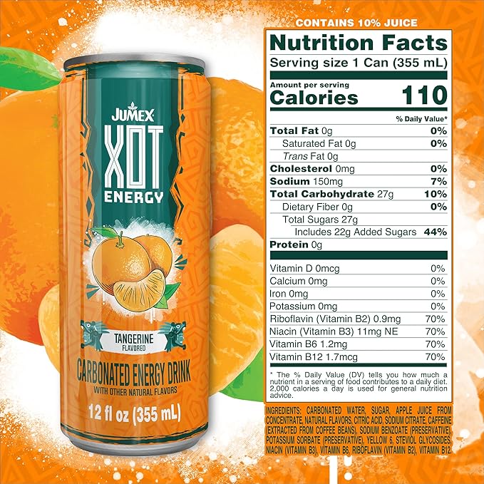 Jumex XOT Energy Drink - Tangerine - Natural Caffeine from Mexican Coffee Beans - Carbonated Preworkout with Vitamin B2 B3 B5 B12 - Mexican Drinks - Bebidas Energéticas - 12 Fl oz 12 Pack Cans