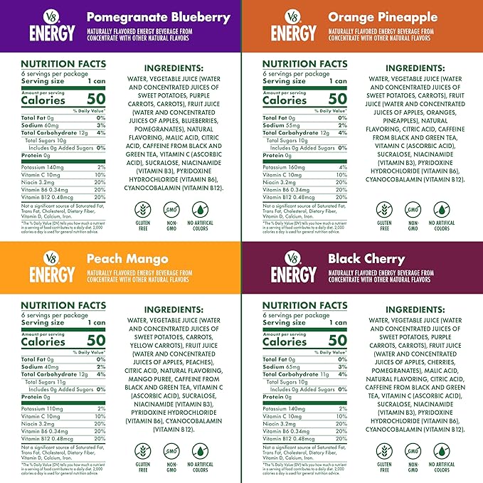 V8 +Energy Peach Mango Orange Pineapple Black Cherry and Pomegranate Blueberry Juice Energy Drinks 8 fl oz Can (24 Pack)