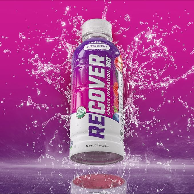 RECOVER 180 Organic Sports Hydration Drink No Sugar Added 20 Calorie Sports Beverage Organic Flavors With Vitamins Potassium-Packed Electrolytes (16.9 Fl Oz (Pack of 12) Super Berry)