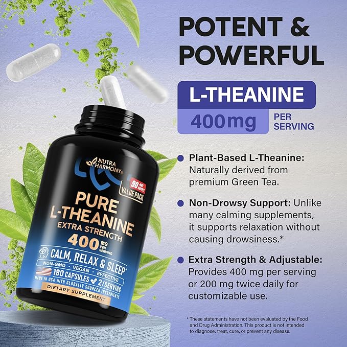 L Theanine 400 mg | L-Theanine Stress Relief | Extra Strength Supplement | Made in USA | Relaxation Sleep &amp Calm Support | For Men &amp Women | Plant Based Non-GMO &amp Gluten-Free | 180 Vegan