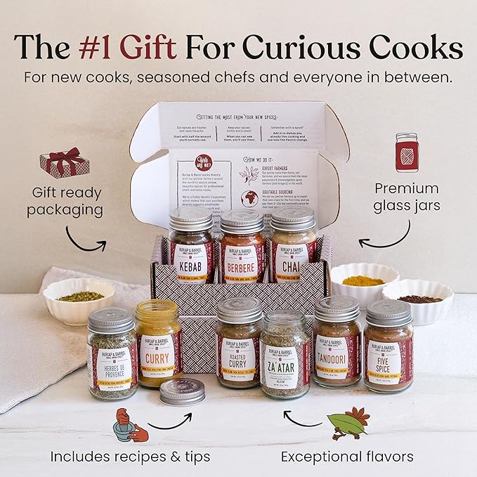 Burlap &amp Barrel 9-Pack Spice Gift Set – 9 Full-Size Jars of Favorite Spices for the Curious Cook – Includes Cinnamon Garlic Lime &amp More Seasonings - As Seen On Shark Tank