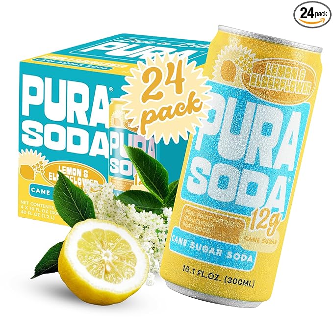 PuraSoda® Lemon &amp Elderflower | 65 Calories &amp 12g Pure Cane Sugar per Can | Non-GMO Vegan | Made with Pure Cane Sugar Clean &amp Refreshing | 10 fl oz (300ml) Cans Pack of 24