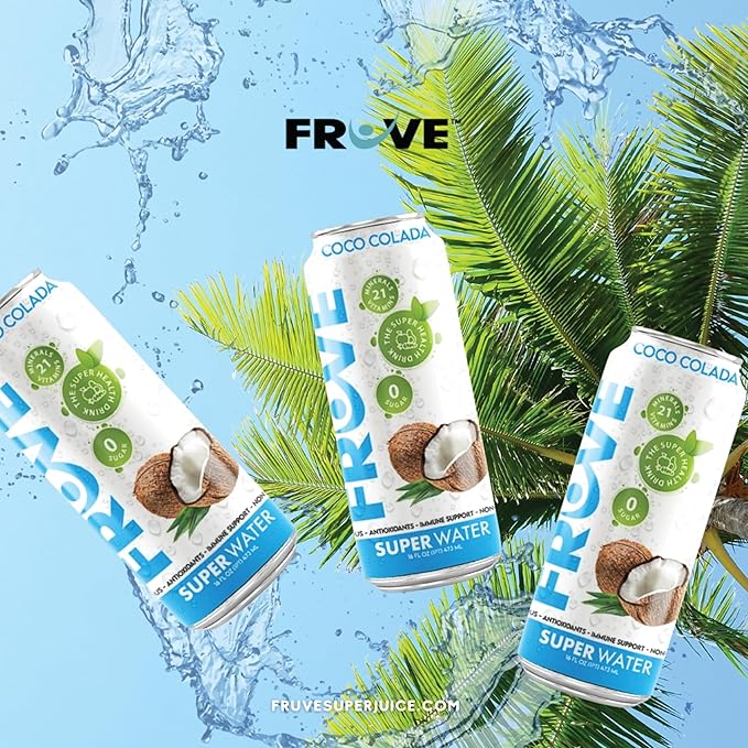 FrUve Super Water | Coco Colada Flavor | 12 16oz Cans | Healthy Drink | Zero Sugar | Low Calorie Drink | Powerful Antioxidants | Boosts Immune System | NON-GMO | The Super Health Drink