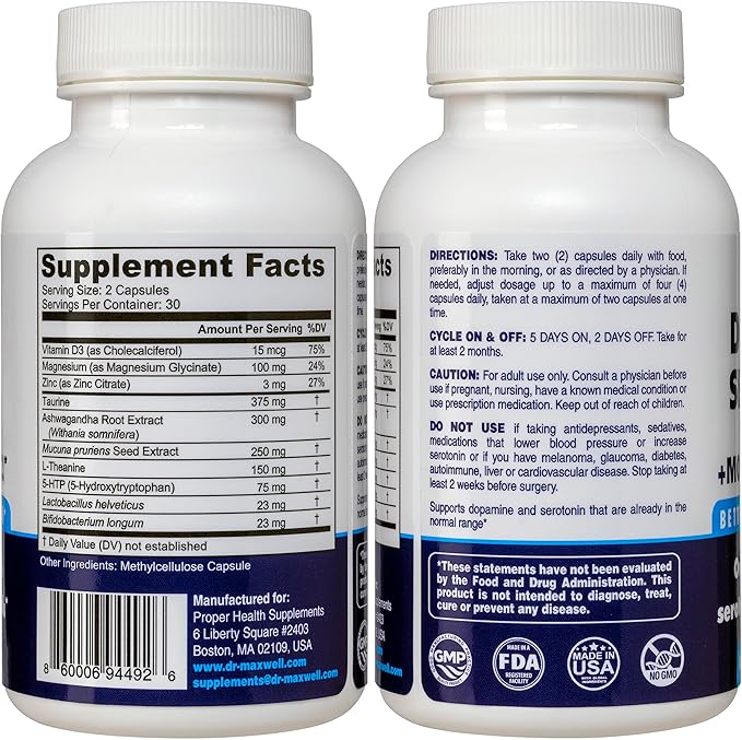 Serotonin and Dopamine Supplements with Mood Probiotic 5in1 Support for (1) Dopamine (2) Serotonin (3) Mood (4) Relaxation (5) Focus &amp Brain 60 Capsules