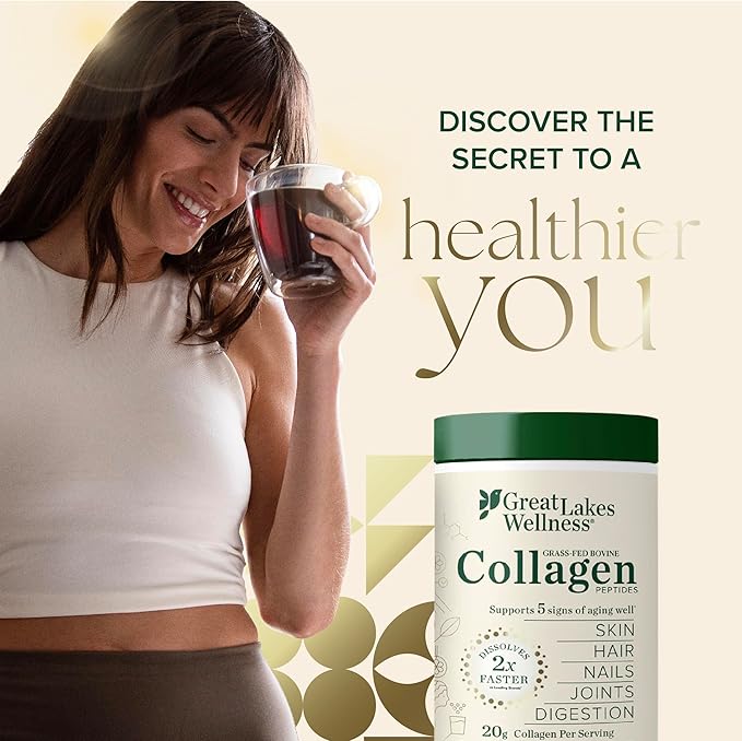 Great Lakes Wellness Collagen Peptides Powder for Skin Hair Nails Joints &amp Digestion - Vanilla Flavored - Quick Dissolve Hydrolyzed Non-GMO Kosher - 10 oz