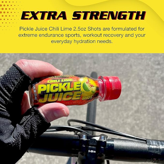 Pickle Juice Sports Drink Shots Extra Strength Chili Lime - Relieves Cramps Fast - Electrolyte Pickle Juice Shots for Day &amp Night Time Leg Cramp Relief - 2.5 oz 24 Pack