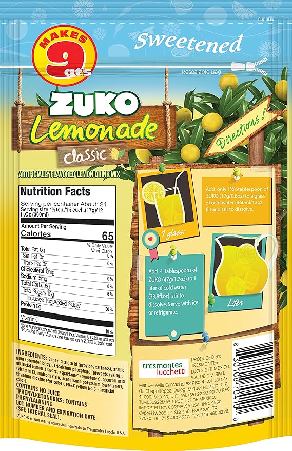Zuko Classic Lemonade Powdered Drink Mix Family Pack No Added Sugar Needed 14.1 oz (Pack of 6)