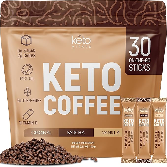 Keto Vitals Instant Keto Coffee Powder with MCT Oil &amp Vitamins - Low-Calories Low-Carb No Artificial Sweeteners – Energy &amp Metabolism Support – 30 Single-Serve Sticks (Original Vanilla &amp