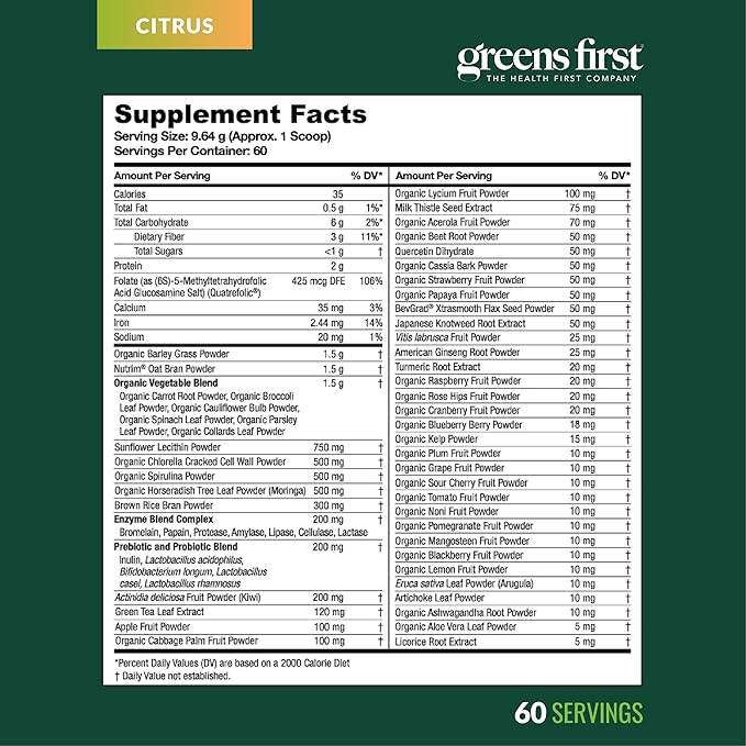 Greens First Original Greens Powder - 49 Superfoods - Organic Fruits &amp Veggies - Prebiotics Probiotics &amp Digestive Enzymes - Antioxidant Smoothie - Dairy Free/Vegan/Non-GMO (Citrus 60 Servin