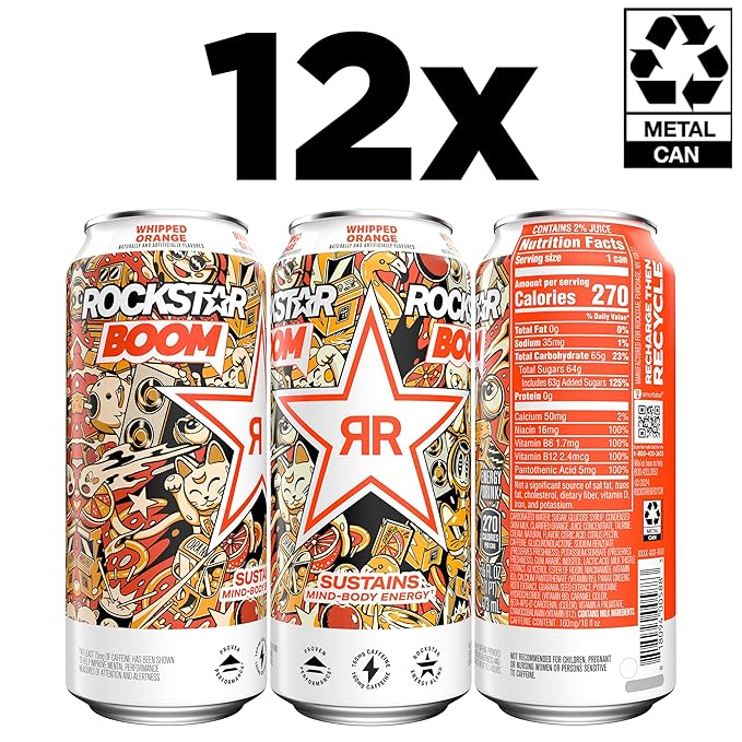 Rockstar Energy Drink Boom Whipped Orange 16 Fl Oz (Pack of 12)