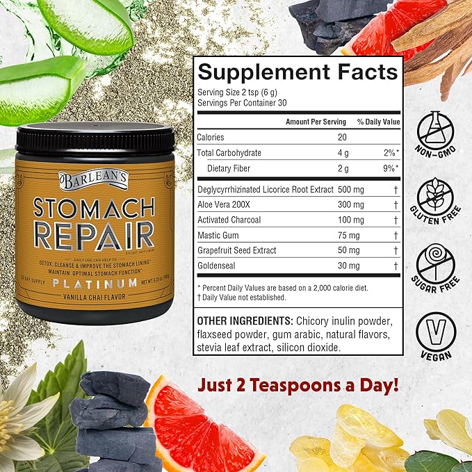 Barlean's Stomach Repair Gut Health Powder Supplement Fiber and Digestive Support Supplements Blend for Detox and Cleanse Vanilla Chai Drink Mix 6.35 oz