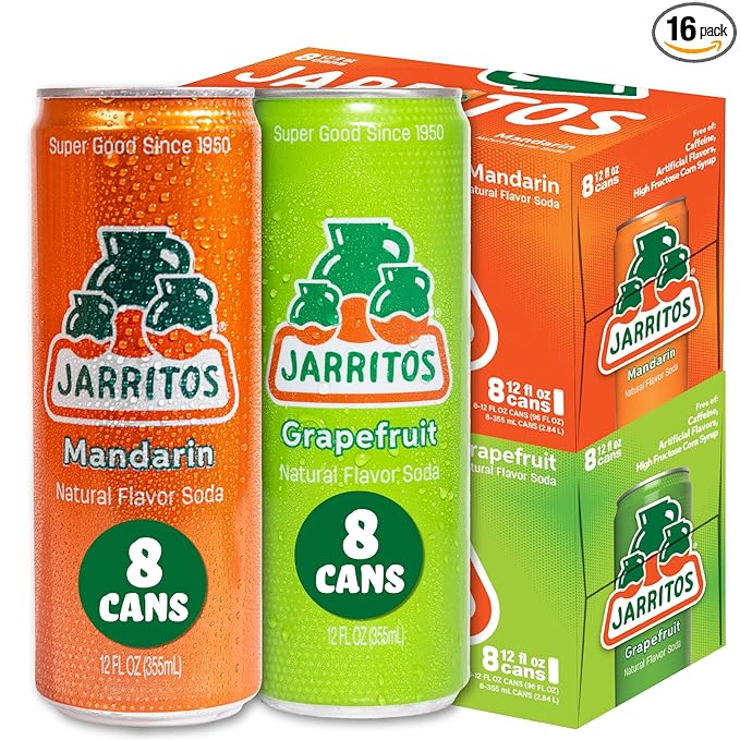 Jarritos Variety Pack of 16-12 oz Cans Authentic Mexican Soft Drink 8 Cans of Refreshing Mandarin Flavor and 8 Cans of Refreshing Grapefruit Flavor