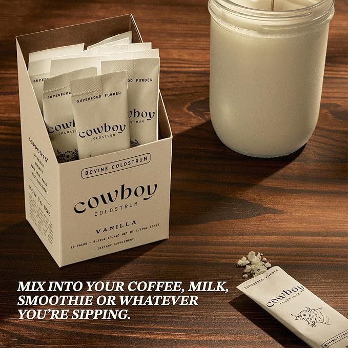 Cowboy - The Exclusive 1st Milking Whole Grass Fed Colostrum Supplement for Full Body Health - Bovine Colostrum Powder Packed w/Bioactive Nutrients (10 Travel Packs - Vanilla)