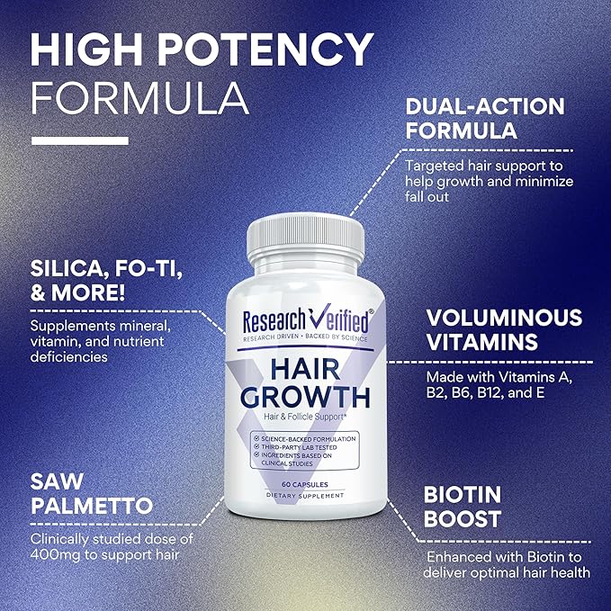 Research Verified Hair Growth Support - with Biotin DHT Blockers &amp Vitamins - Hair Growth and Hair Loss Prevention 1 Bottle (1 Month Supply)