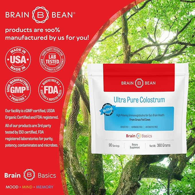 Brain Basics Ultra-Pure Colostrum 4000mg per Serving Min 25% IgG antibodies Gut-Brain-Immune Health Glowing Hair and Skin. Colostrum Powder from Grass-Fed Cows. 360 Grams - 90 Servings