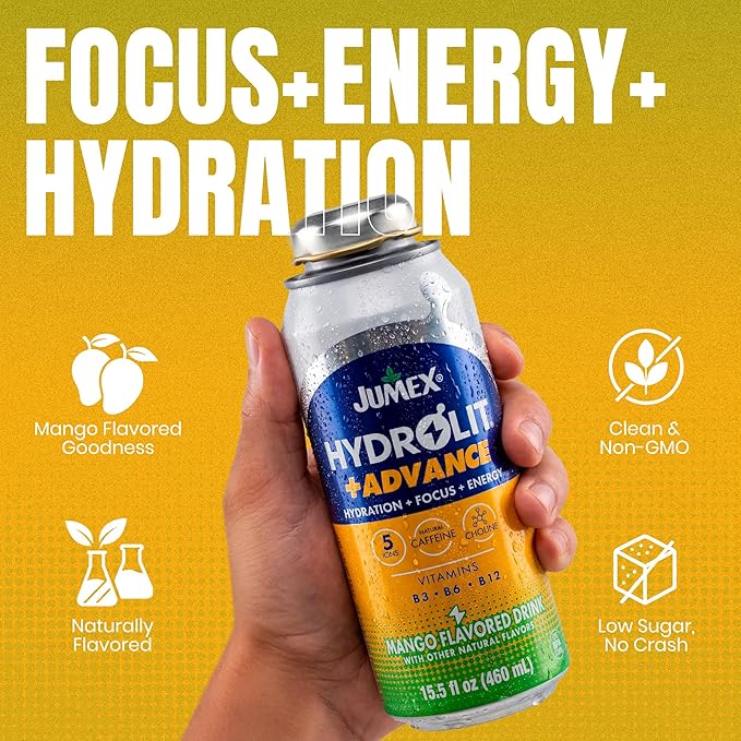 Jumex Hydrolit +Advance Hydration Energy Drinks - 90 Calorie Mango Sports Drinks - Non Carbonated Electrolyte &amp Vitamin Water with Ions Choline B3 B6 B12 &amp Natural Caffeine - 15.5oz 12 Pa