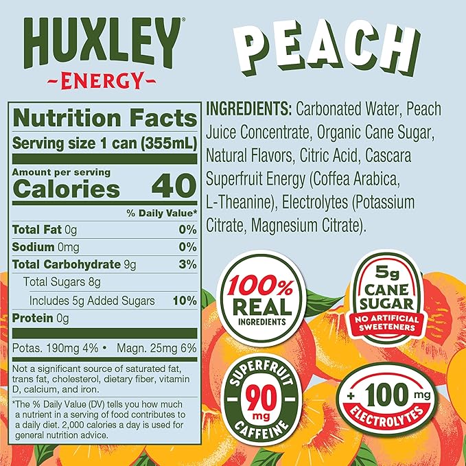 Huxley Superfruit Energy Drink Peach 90mg Natural Caffeine Electrolytes for Hydration 100% Real Ingredients 5g Organic Cane Sugar No Artificial Sweeteners or Flavors L-theanine for Sustained En