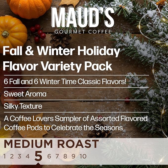 Maud’s Holiday &amp Fall Flavored Coffee Pods Variety Pack Bundle 48ct 11 Assorted Seasonal Flavors Medium Roast Coffee in Single Serve Pods 100% Arabica Coffee Compatible with Keurig K Cups Make
