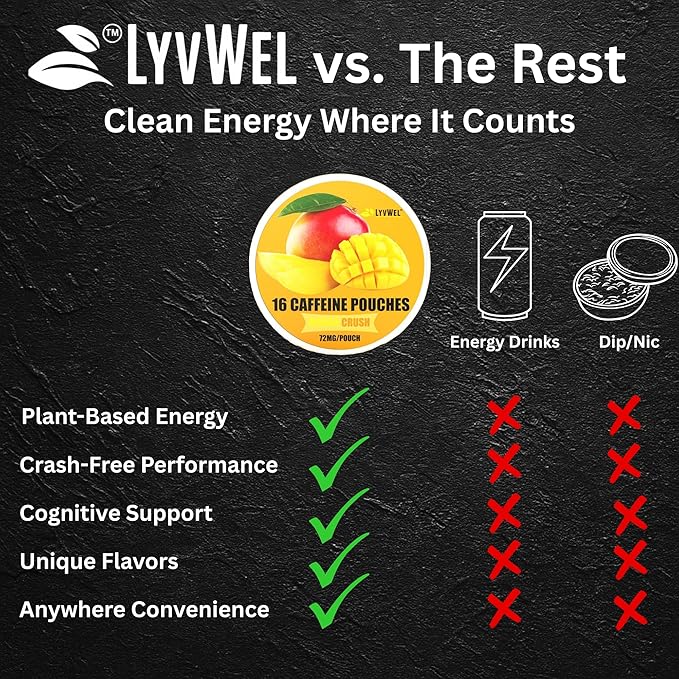 LyvWel 72mg Caffeine Energy Pouches – Wintergreen – Crisp Mint Energy with Guarana – 5-Pack (80 Total Pouches)