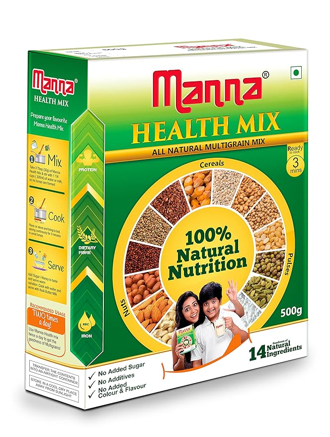 Manna Health Mix | 100% Natural Multigrain Nutrition Drink for Kids | Multi Millet Health Drink Mix Powder 1kg (500g x 2 Packs) | 14 Natural Ingredients