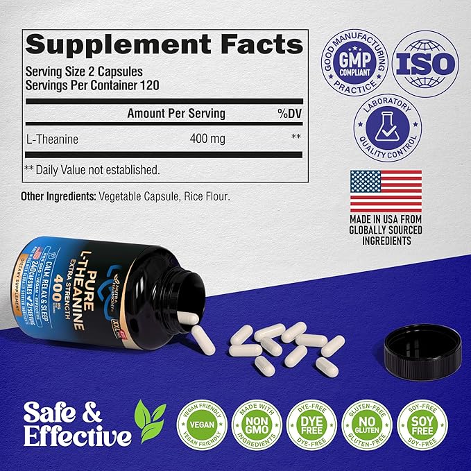 L Theanine 400 mg | L-Theanine Stress Relief | Extra Strength Supplement | Made in USA | Relaxation Sleep &amp Calm Support | For Men &amp Women | Plant Based Non-GMO &amp Gluten-Free | 240 Vegan